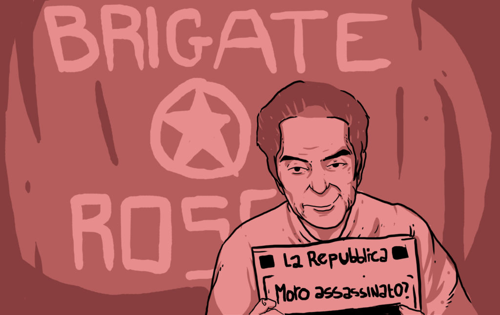 Ilustração mostra Aldo Moro em cativeiro. Ele segura o jornal 