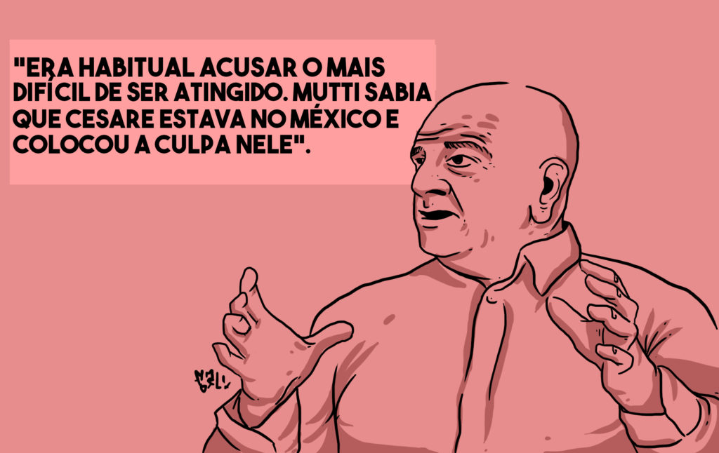 Retrato ilustrado de Carlos Lungarzo. Texto: Era habitual acusar o mais difícil de ser atingido. Mutti sabia que Cesare estava no México e colocou a culpa nele.