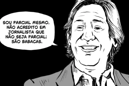Ilustração representa o jornalista Tarso de Castro. Balão com a frase: "Sou parcial mesmo. Não acredito em jornalista que não seja parcial; são babacas".