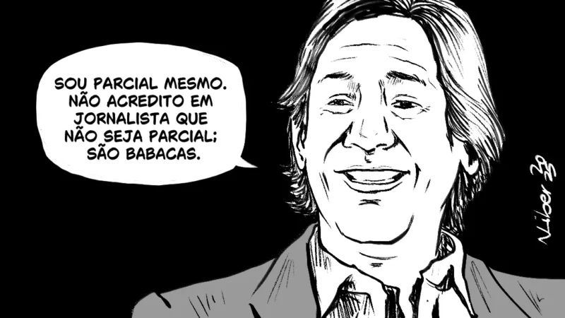 Ilustração representa o jornalista Tarso de Castro. Balão com a frase: "Sou parcial mesmo. Não acredito em jornalista que não seja parcial; são babacas".