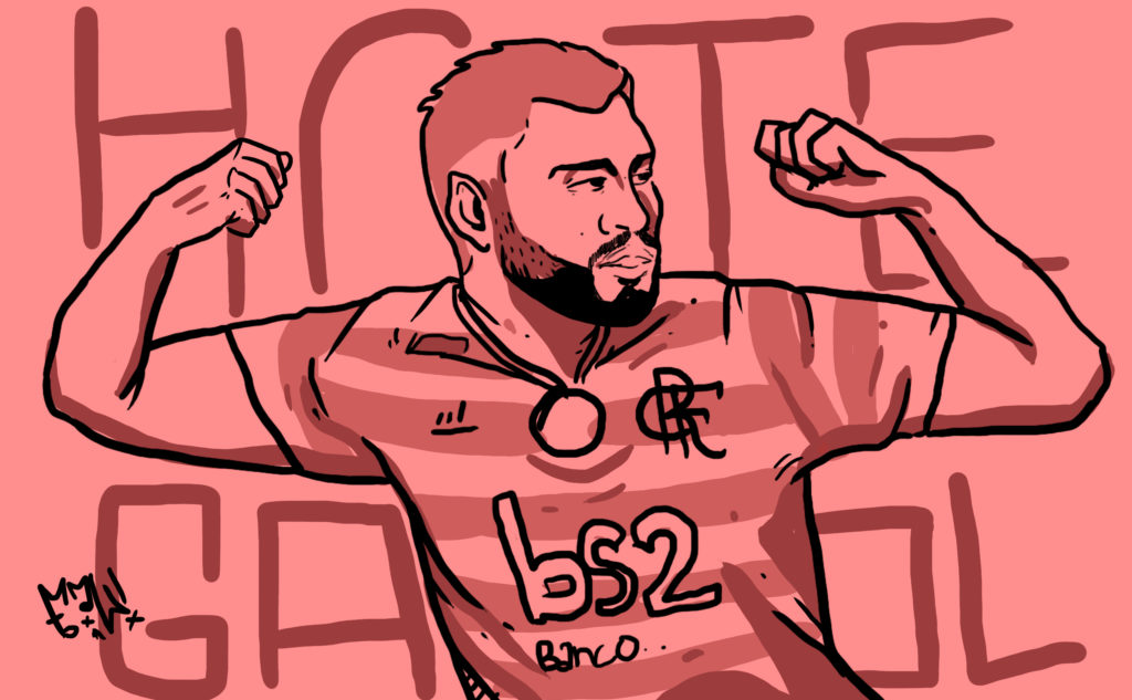 Ilustração mostra Gabigol com uniforme do Flamengo, comemorando gol com gesto de exibição de músculos.