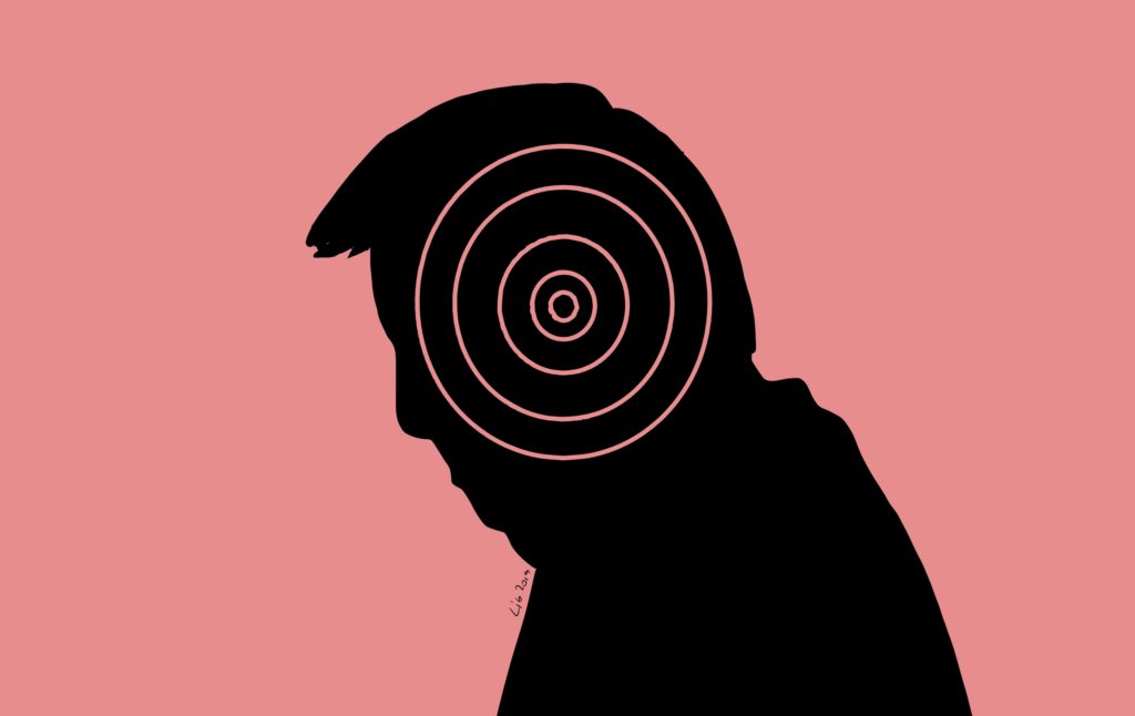 Ilustração mostra silhueta de Trump com alvo na cabeça.