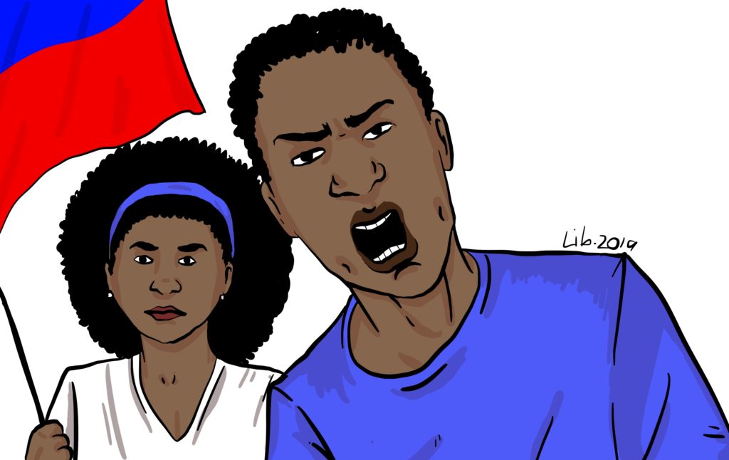 Ilustração mostra manifestantes com bandeira do Haiti.