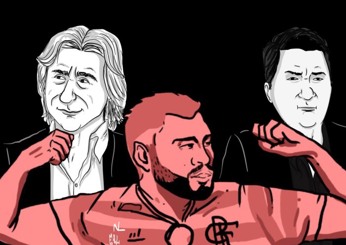 Ilustração mostra Jorge Jesus, Gabigol e Marcelo Gallardo.