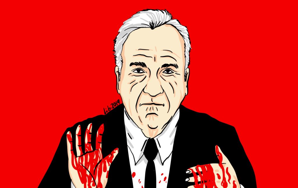 Ilustração mostra Sebastián Piñera fazendo gesto de pedido de calma, com as mãos cheias de sangue.