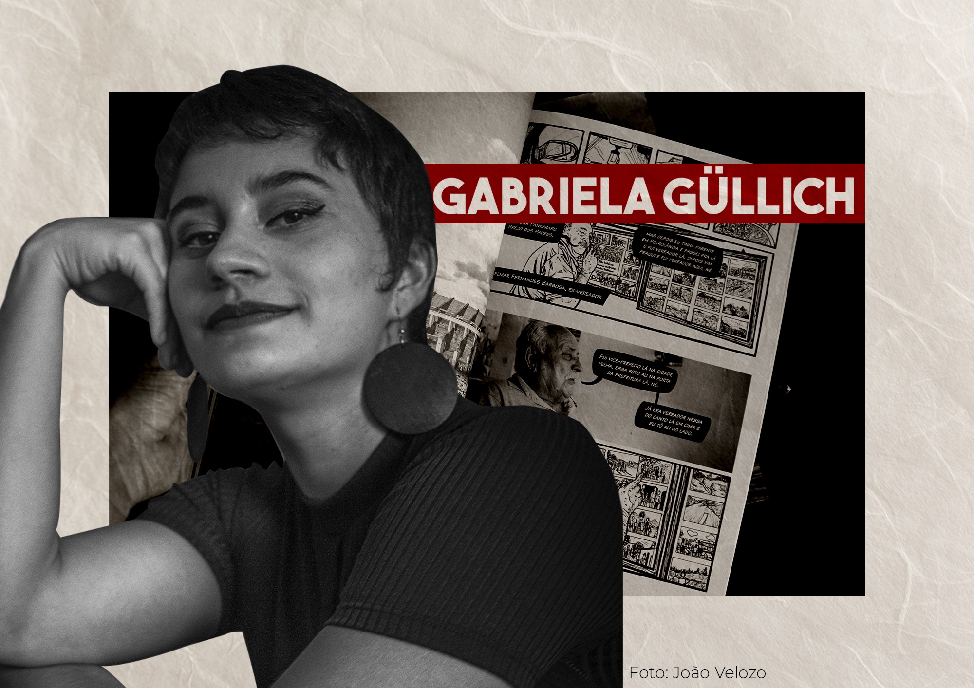 A ilustradora Gabriela Gullich em frente à página de uma de suas obras, 