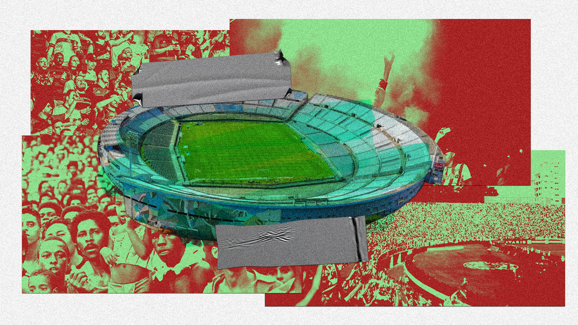 colagem de fotos com o estádio Centenario, onde a Libertadoes será disputada, ao fundo, torcidas do palmeiras e flamengo