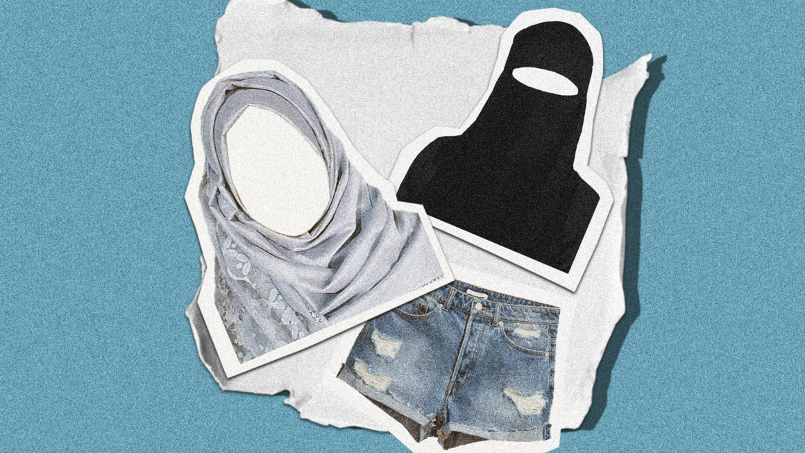 na foto, uma colagem com imagens de uma burca, um hijab e um short jeans