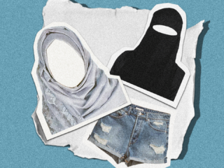 na foto, uma colagem com imagens de uma burca, um hijab e um short jeans