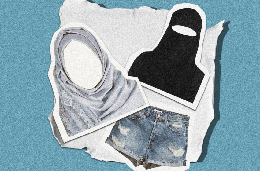 na foto, uma colagem com imagens de uma burca, um hijab e um short jeans