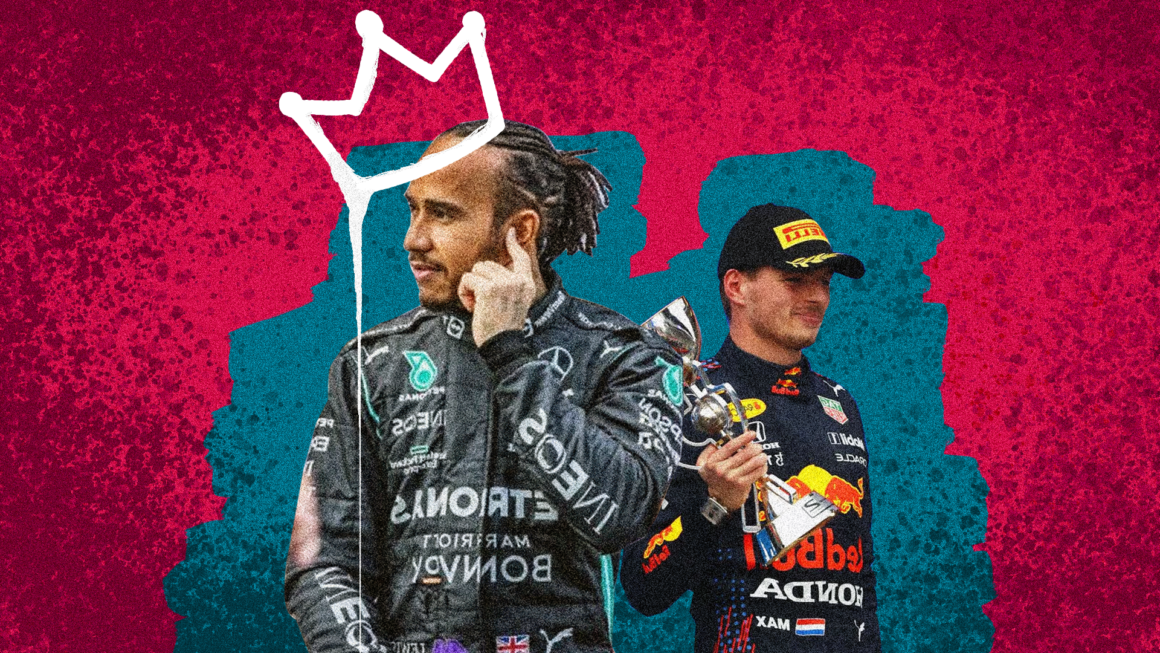 colagem mistura fotos de Hamilton e Verstappen, que protagonizaram última corrida de Fórmula 1. O holândes segura troféu da competição, enquanto o britânico olha para o lado com uma pixação representando uma coroa, sobre sua cabeça.