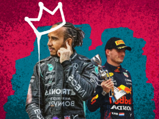 colagem mistura fotos de Hamilton e Verstappen, que protagonizaram última corrida de Fórmula 1. O holândes segura troféu da competição, enquanto o britânico olha para o lado com uma pixação representando uma coroa, sobre sua cabeça.