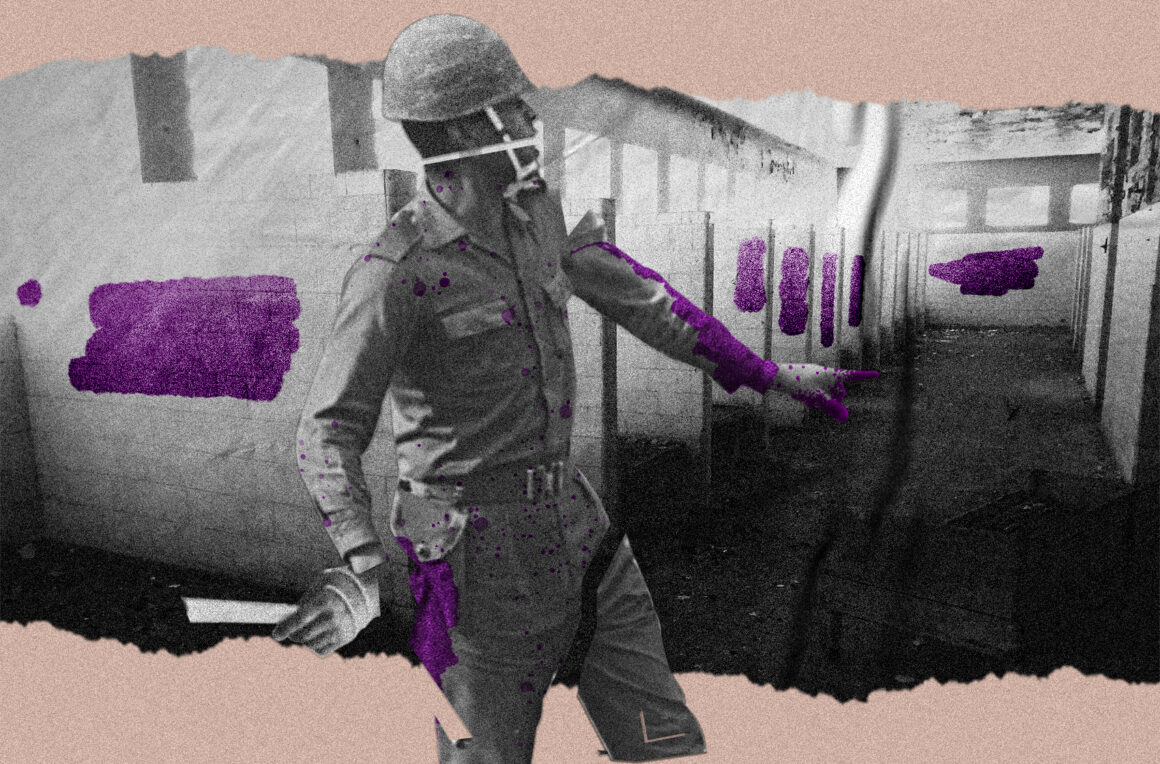 Colagem mostra soldado da ditadura em frente ao interior da Casa de Saúde Dr. Eiras.