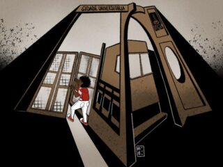 Ilustração de uma estudante preta entrando no campus da Cidade Universitária da Universidade Federal de Mato Grosso do Sul, em Campo Grande.