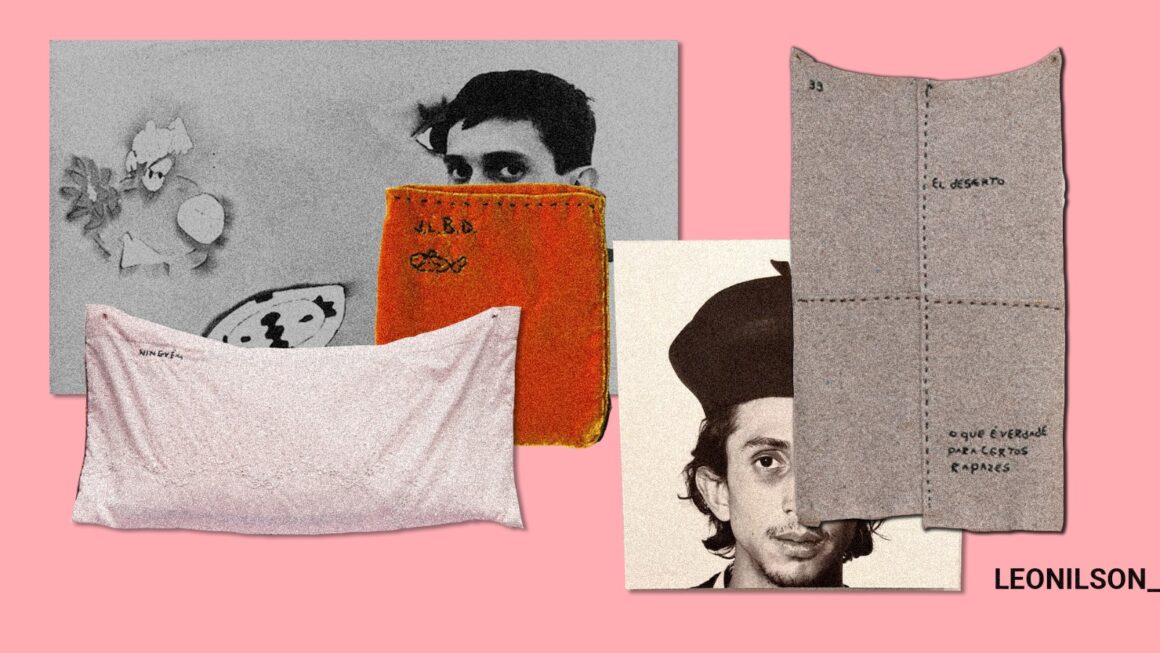 Obras de José Leonilson e retratos do artista sobre fundo rosa