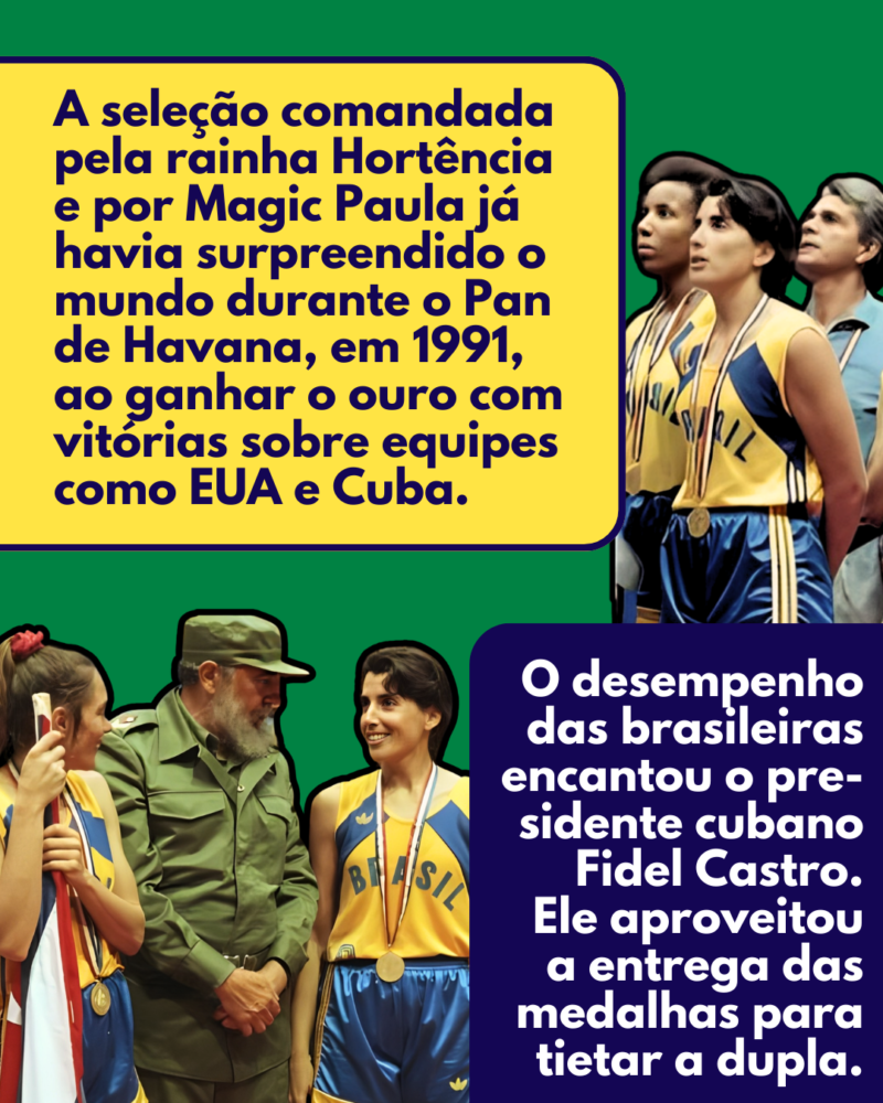 A seleção comandada pela rainha Hortência e por Magic Paula já havia surpreendido o mundo durante o Pan de Havana, em 1991, ao ganhar o ouro com vitórias sobre equipes como EUA e Cuba. O desempenho das brasileiras encantou o pre- sidente cubano Fidel Castro. Ele aproveitou a entrega das medalhas para tietar a dupla.