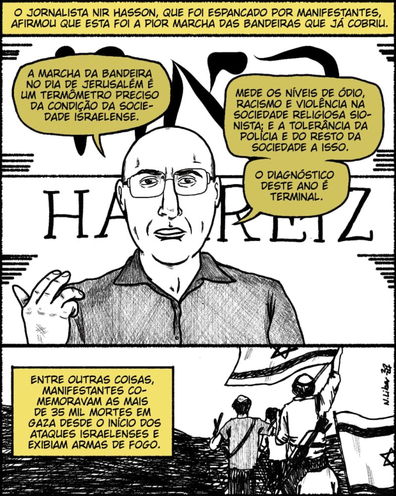 O jornalista Nir Hasson, que foi espancado por manifestantes, afirmou que esta foi a pior Marcha das Bandeiras que já cobriu. “A Marcha da Bandeira no Dia de Jerusalém é um termômetro preciso da condição da sociedade israelense. Mede os níveis de ódio, racismo e violência na sociedade religiosa sionista; e a tolerância da polícia e do resto da sociedade a isso. O diagnóstico deste ano é terminal”.