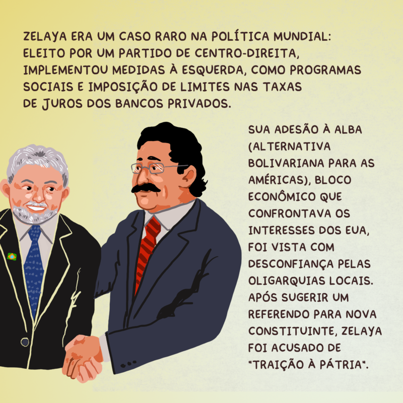 Zelaya era um caso raro na política mundial: eleito por um partido de centro-direita, implementou medidas à esquerda, como programas sociais e imposição de limites nas taxas de juros dos bancos privados. Sua adesão à Alba (Alternativa Bolivariana para as Américas), bloco econômico que confrontava os interesses dos EUA, foi vista com desconfiança pelas oligarquias locais. Após sugerir um referendo para nova Constituinte, Zelaya foi acusado de “traição à pátria”.