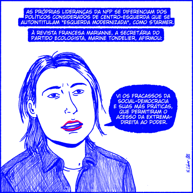 As próprias lideranças da NFP se diferenciam dos políticos considerados de centro-esquerda que se autointitulam “esquerda modernizada”, como é o caso de Starmer. À revista francesa Marianne, a secretária do Partido Ecologista, Marine Tondelier afirmou: Vi os fracassos da social-democracia e suas más práticas, que permitiram o acesso da extrema-direita ao poder.