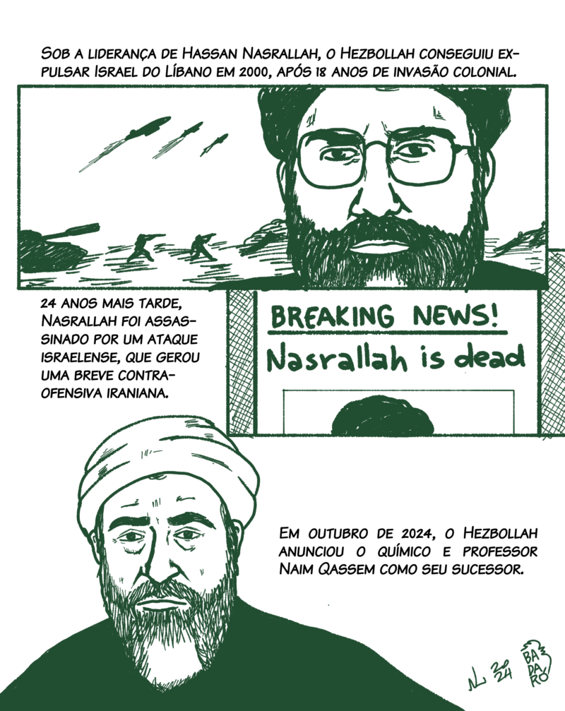 Sob a liderança de Hassan Nasrallah, o Hezbollah conseguiu expulsar Israel do Líbano em 2000, após 18 anos de invasão colonial. 24 anos mais tarde, Nasrallah foi assassinado por um ataque israelense, que gerou uma breve contra-ofensiva iraniana. Em outubro de 2024, o Hezbollah anunciou o químico e professor Naim Qassem como sucessor de Nasrallah.