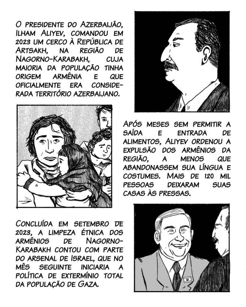 O presidente do Azerbaijão, Ilham Aliyev, comandou em 2023 um cerco à República de Artsakh, na região de Nagorno-Karabakh, cuja maioria da população tinha origem armênia e que oficialmente era considerada território azerbaijano. Após meses sem permitir a saída e entrada de alimentos, Aliyev ordenou a expulsão dos armênios da região, a menos que abandonassem sua língua e costumes. Mais de 120 mil pessoas deixaram suas casas às pressas. Concluída em setembro de 2023, a limpeza étnica dos armênios de Nagorno-Karabakh contou com parte do arsenal de Israel, que no mês seguinte iniciaria a política de extermínio total da população de Gaza.