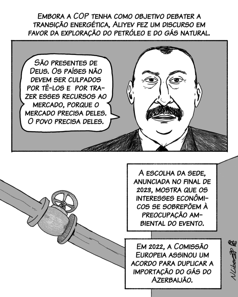 Embora a COP tenha como objetivo debater a transição energética, Aliyev fez um discurso em favor da exploração do petróleo e do gás natural. Fala Aliyev: São presentes de Deus. Os países não devem ser culpados por tê-los e não devem ser culpados por trazer esses recursos ao mercado, porque o mercado precisa deles. O povo precisa deles. A escolha da sede, anunciada no final de 2023, mostra que os interesses econômicos se sobrepõem à preocupação ambiental do evento. Em 2022, a Comissão Europeia assinou um acordo para duplicar a importação do gás do Azerbaijão.