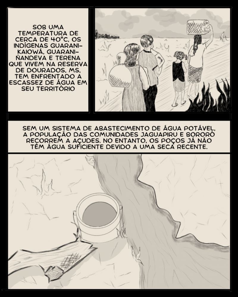 Sob uma temperatura de cerca de 40ºC, os indígenas guarani-kaiowá, guarani-ñandeva e terena que vivem na reserva de Dourados, MS, tem enfrentado a escassez de água em seu território. Sem um sistema de abastecimento de água potável, a população das comunidades Jaguapiru e Bororó recorrem a açudes. No entanto, os poços já não têm água suficiente devido a uma seca recente.