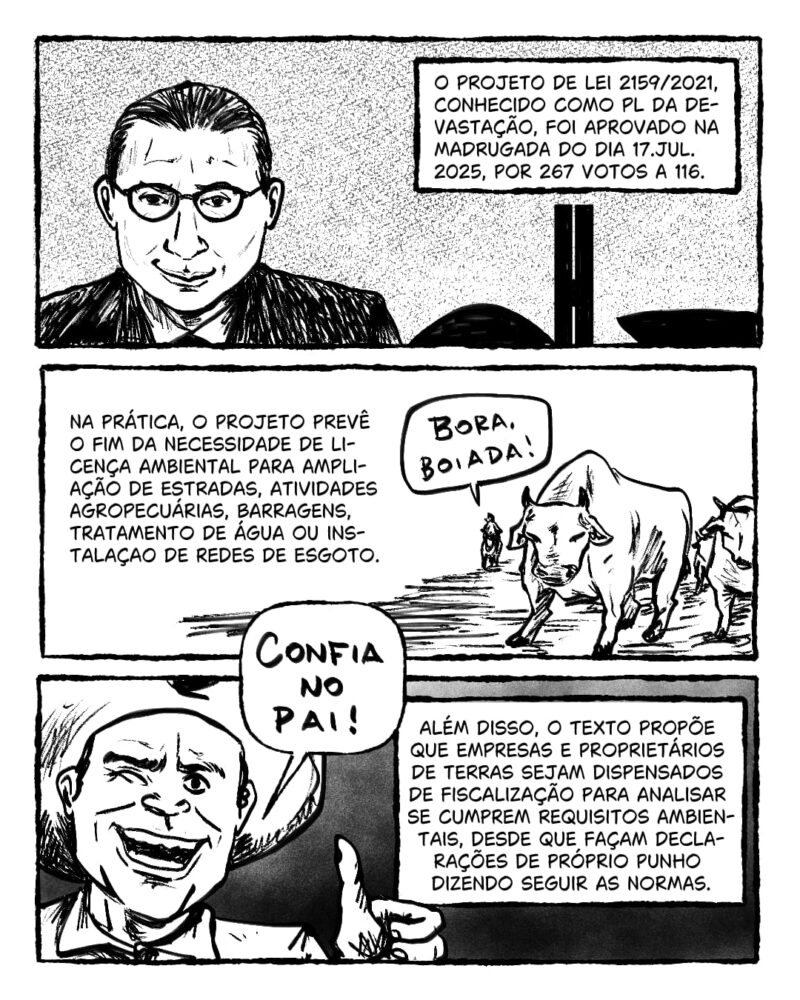 O Projeto de Lei 2159/2021, conhecido como PL da Devastação, foi aprovado na madrugada do dia 17.jul.2025, por 267 votos a 116. Na prática, o projeto prevê o fim da necessidade de licença ambiental para ampliação de estradas, atividades agropecuárias, barragens e tratamento de água e esgoto.
