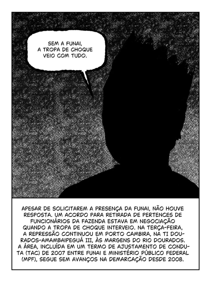 Apesar de solicitarem a presença da Funai, não houve resposta. Um acordo para retirada de pertences de funcionários da fazenda estava em negociação quando a Tropa de Choque interveio.