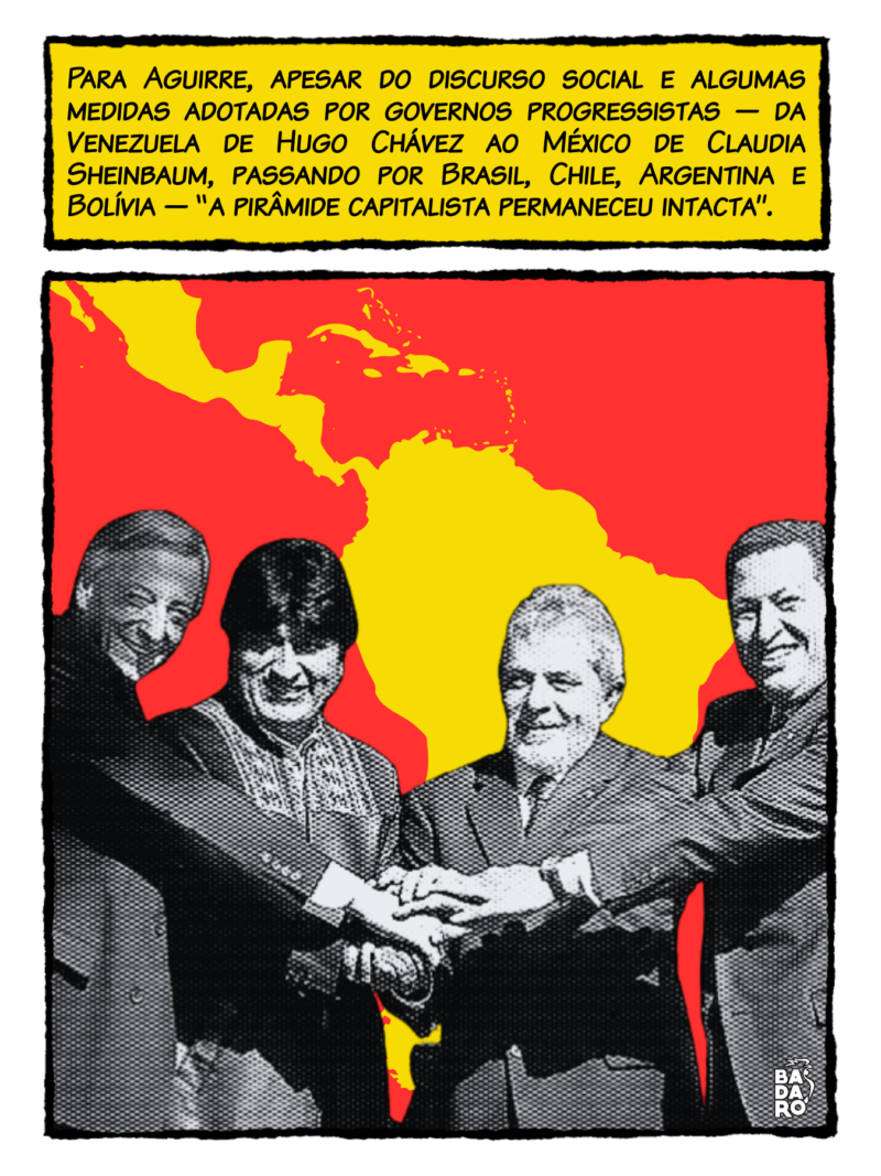 Para Aguirre, apesar do discurso social e algumas medidas adotadas por governos progressistas — da Venezuela de Hugo Chávez ao México de Claudia Sheinbaum, passando por Brasil, Chile, Argentina e Bolívia — “a pirâmide capitalista permaneceu intacta”.