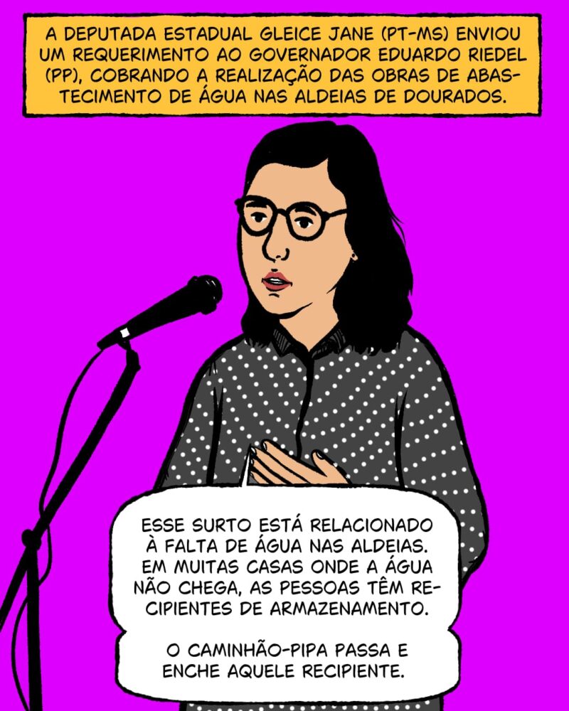 A deputada estadual Gleice Jane (PT-MS) enviou um requerimento ao governador Eduardo Riedel (PP), cobrando a realização das obras de abastecimento de água nas aldeias de Dourados. “Esse surto está relacionado à falta de água nas aldeias. Em muitas casas onde a água não chega, as pessoas têm recipientes de armazenamento; o caminhão-pipa passa e enche aquele recipiente. Nem sempre ele está tampado ou tem proteção”.