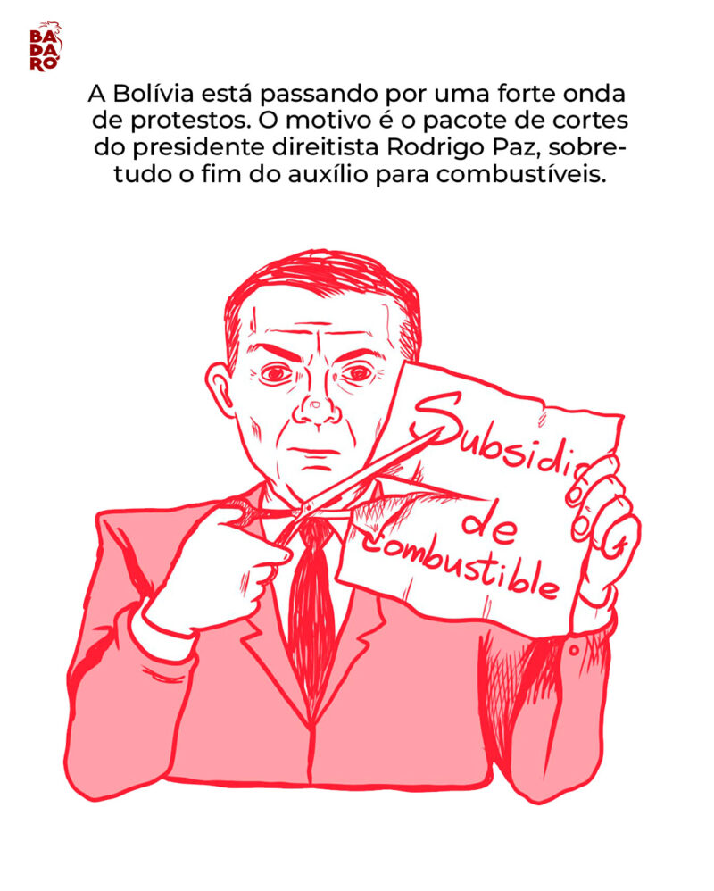 A Bolívia está passando por uma forte onda de protestos. O motivo é o pacote de austeridade fiscal do presidente direitista Rodrigo Paz, que, entre outras medidas, inclui o fim do auxílio para aquisição de combustíveis.