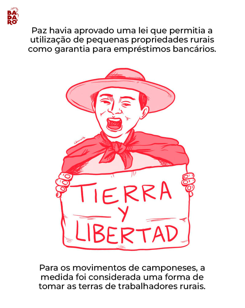 Paz havia aprovado uma lei que permitia a utilização de pequenas propriedades rurais como garantia para empréstimos bancários. Para os movimentos de pequenos produtores, a medida foi considerada uma forma de tomar as terras de trabalhadores.