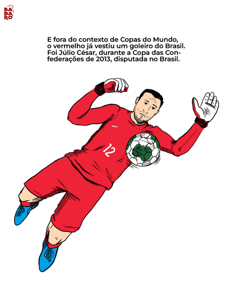 E fora do contexto de Copas do Mundo, o vermelho já vestiu um goleiro do Brasil. Júlio César na Copa das Confederações de 2013.