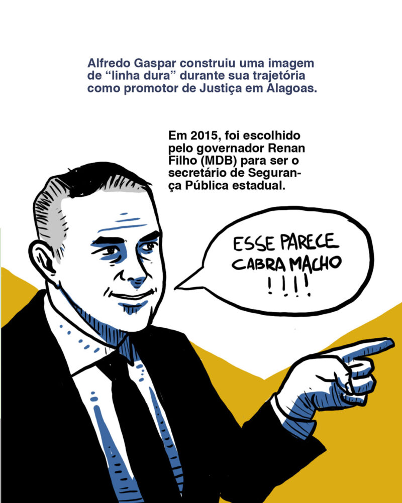 Alfredo Gaspar construiu uma imagem de “linha dura” durante sua trajetória como promotor de Justiça em Alagoas. Em 2015, foi escolhido pelo governador Renan Filho (MDB) para ser secretário de Segurança Pública estadual. [Renan Filho dizendo: Esse parece cabra macho…]