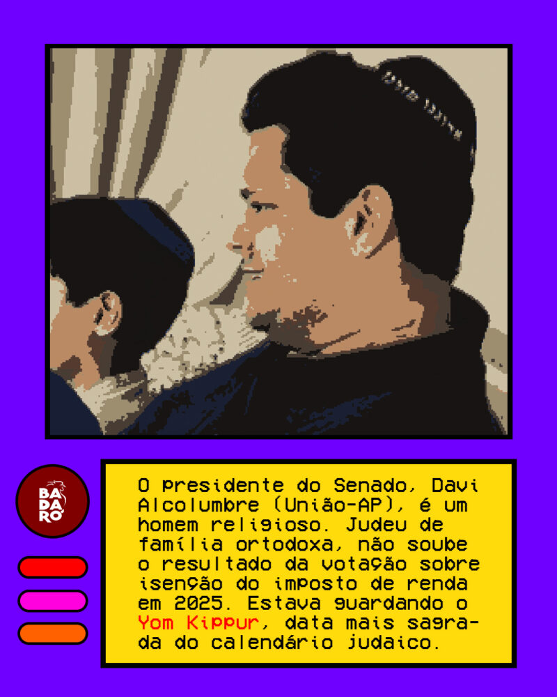 O presidente do Senado, Davi Alcolumbre (União-AP), é um homem religioso. Judeu de família ortodoxa, não soube o resultado da votação sobre isenção do imposto de renda em 2025. Estava guardando o Yom Kippur, data mais sagrada do calendário judaico.