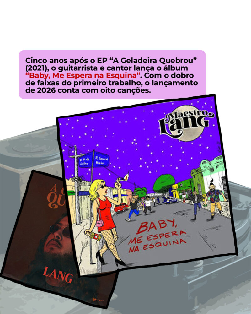 Cinco anos após o EP “A Geladeira Quebrou” (2021), o guitarrista e cantor lança o álbum “Baby, Me Espera na Esquina”. Com o dobro de faixas do primeiro trabalho, o lançamento de 2026 conta com oito canções.