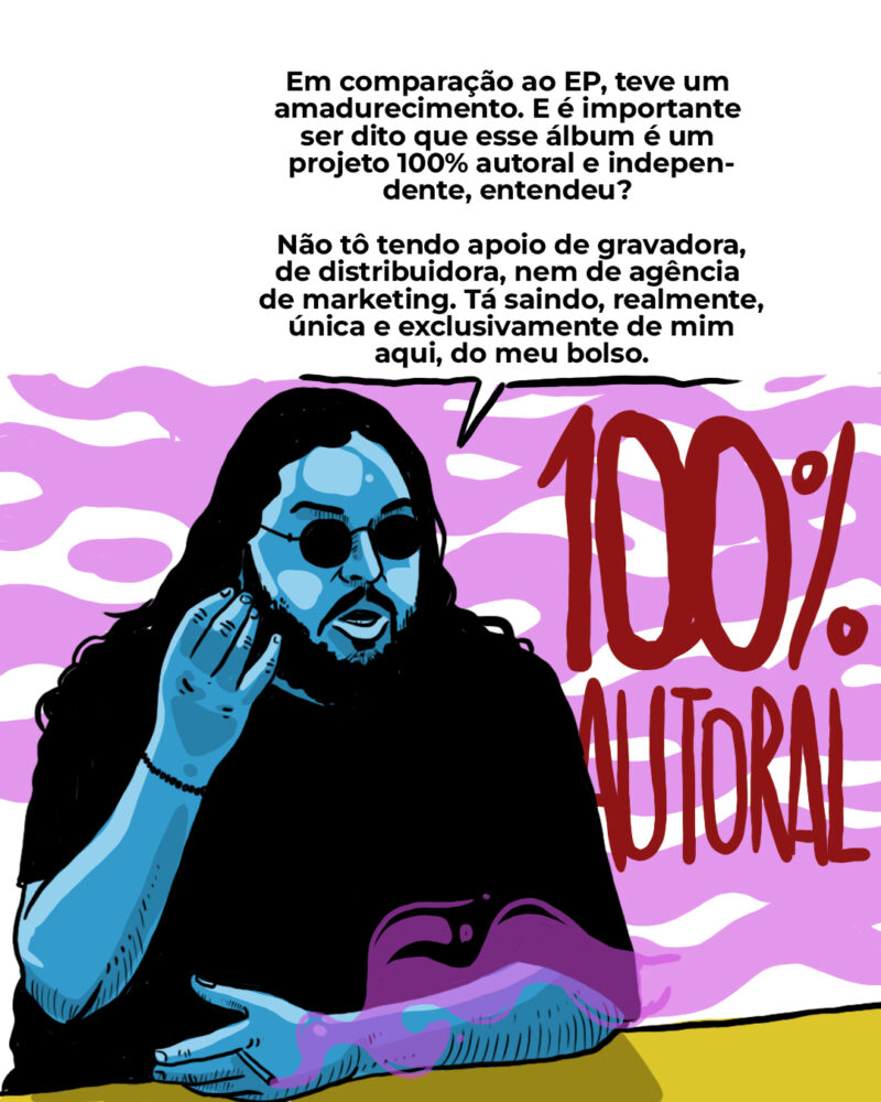 Então, assim, eu não tô tendo apoio de gravadora, de distribuidora, nem de, sei lá… agência de marketing pra fazer impulsionar as paradas no Instagram. Mas, enfim, aqui tá saindo realmente o único exclusivamente de mim aqui, do meu bolso.