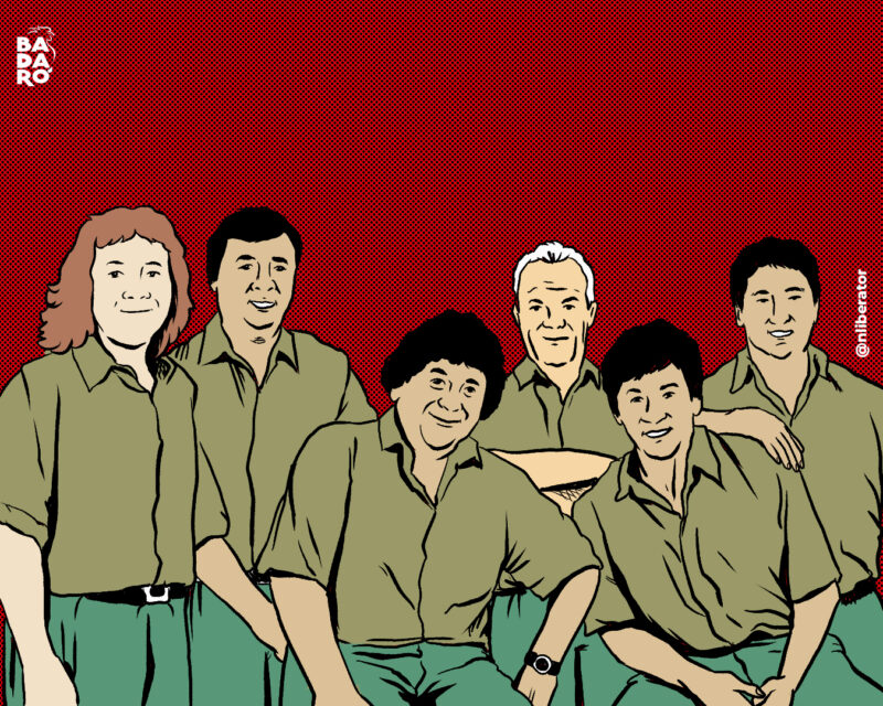 Ilustração representa os seis membros da banda Los Palmeras vestidos de verde sobre fundo vermelho
