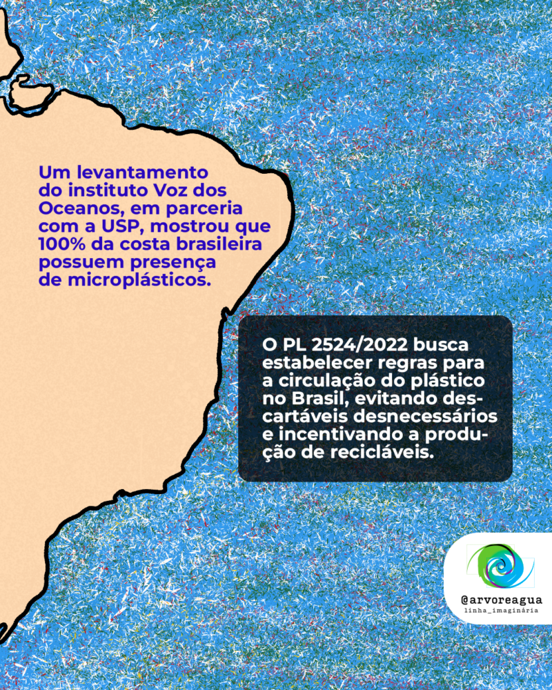 Um levantamento do instituto Voz dos Oceanos, em parceria com a USP, mostrou que 100% da costa brasileira possuem presença de microplásticos. O PL 2524/2022 busca estabelecer regras para a circulação do plástico no Brasil, evitando descartáveis desnecessários e incentivando a produção de recicláveis.